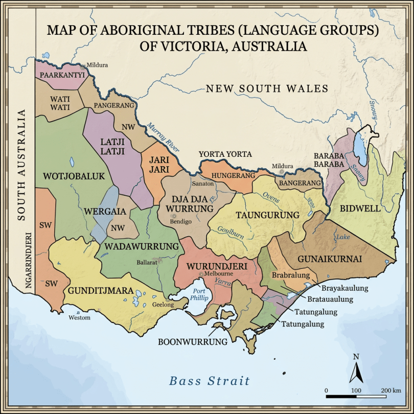 Map illustrating Aboriginal tribes and language groups in Victoria, Australia, with regional boundaries and key towns.