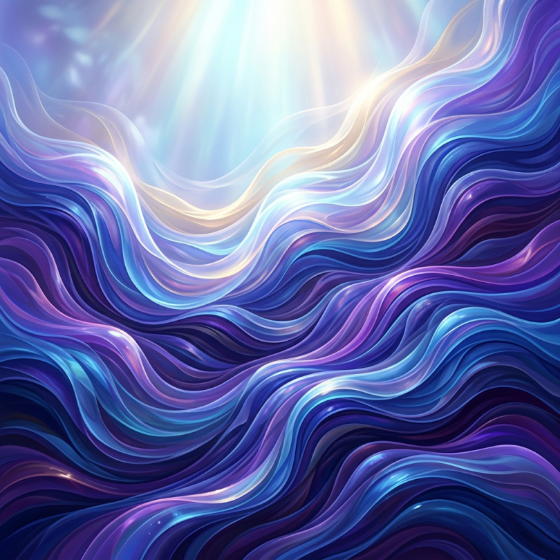 Abstract flowing waves in purple, blue, and teal with radiant light